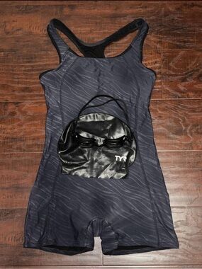 TYR Navy and Black Girls' One-Piece Swim Suit with Cap and Goggles